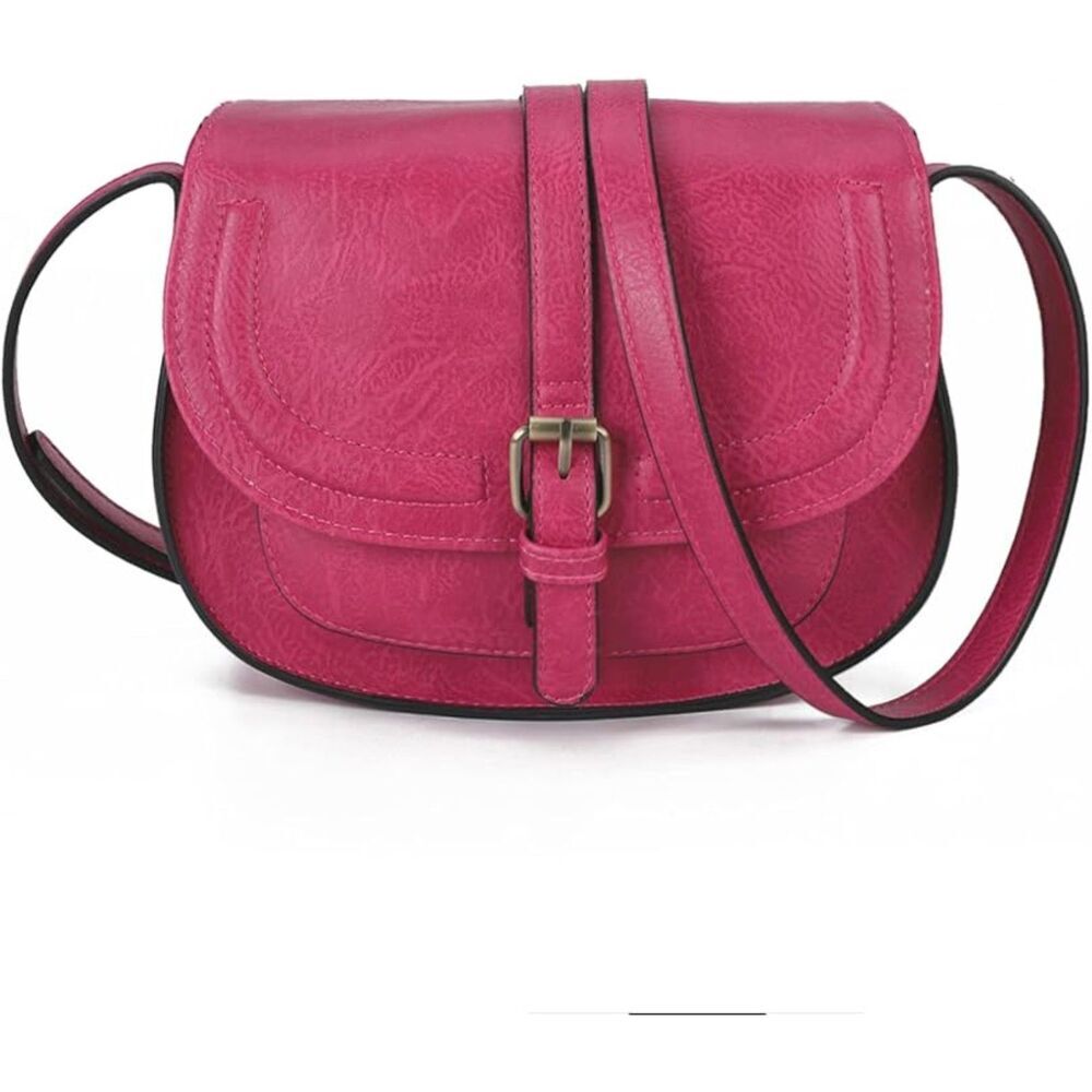 Women Fuchsia Imported Vegan Leather Small Saddle Crossbody Bags